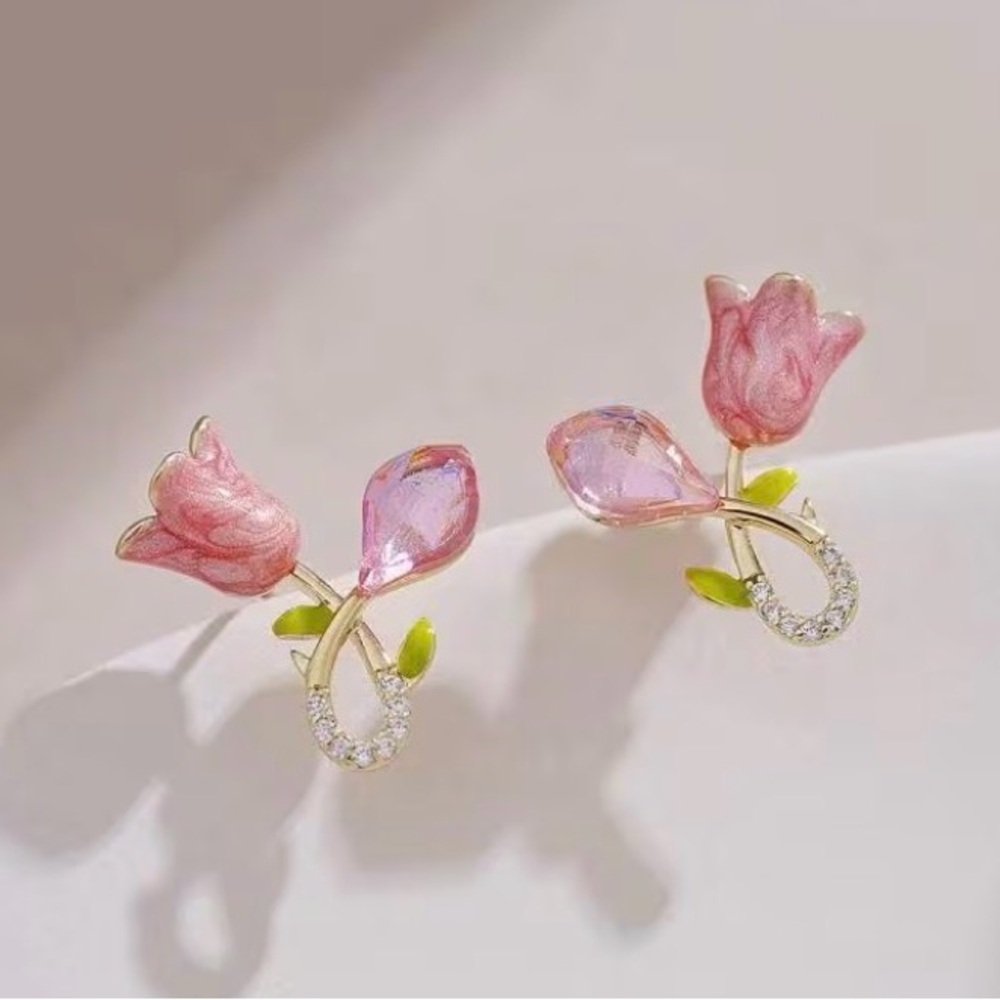 Chic Pink Tulip Earrings with 14K plating